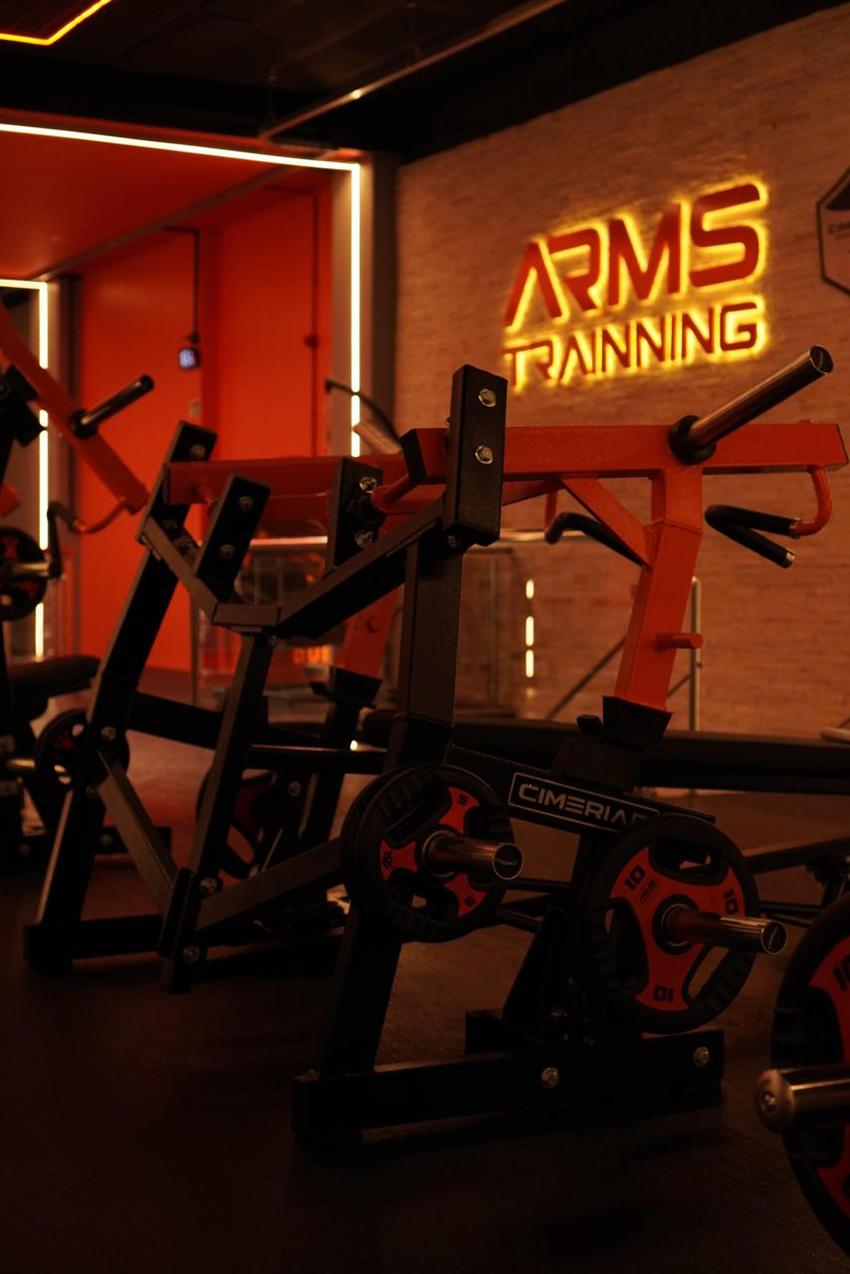 Máquinas Cimerian diante da parede de tijolinho com o letreiro neon Arms Trainning