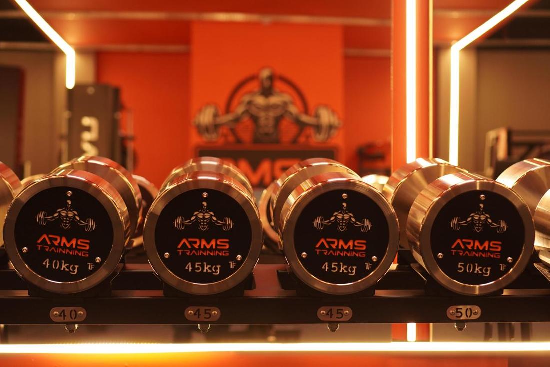 Halteres de 40, 45 e 50 kg com a marca Arms Trainning gravada nas laterais