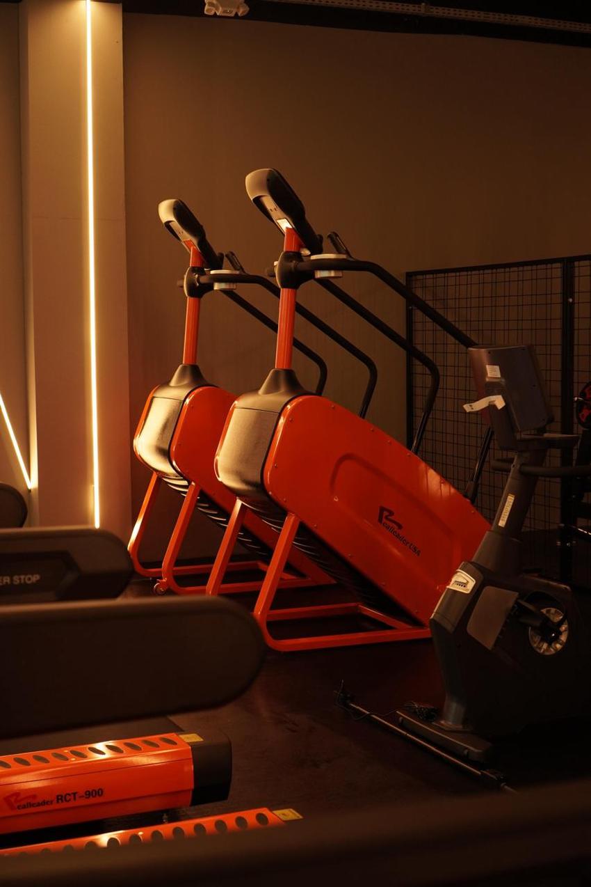 Duas escadas ergométricas Realleader USA ao lado das bikes e esteiras