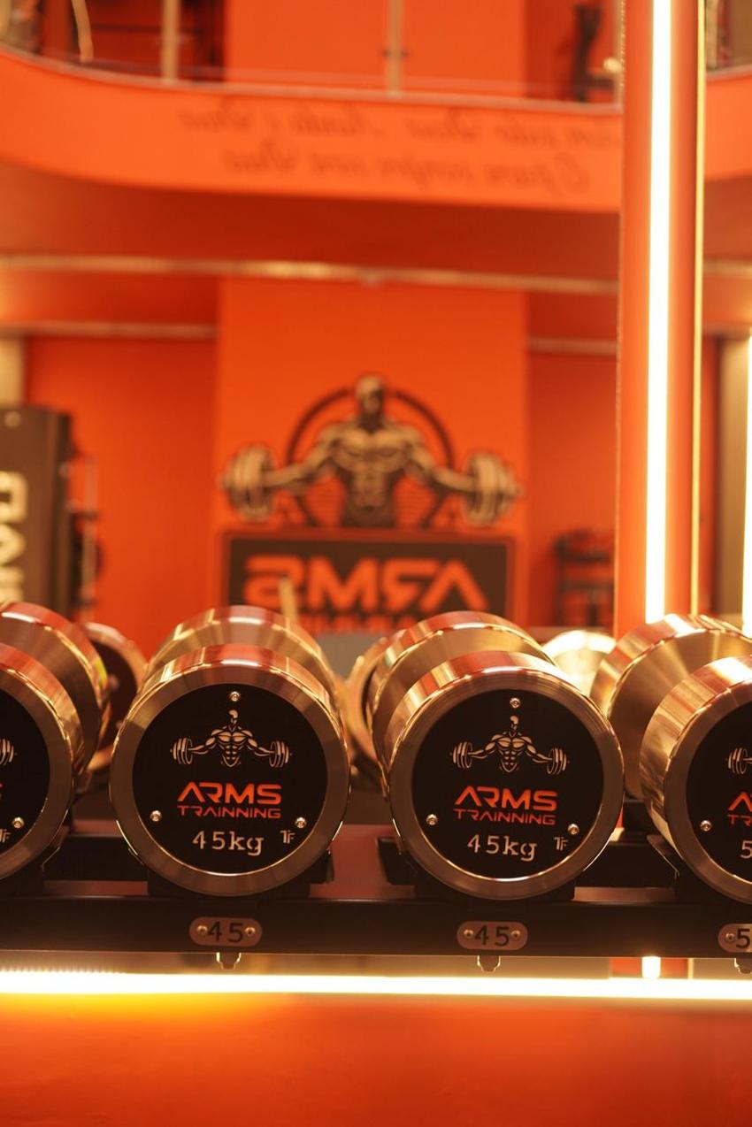 Halteres de 45 kg alinhados no rack, com o mural do logotipo Arms Trainning desfocado ao fundo